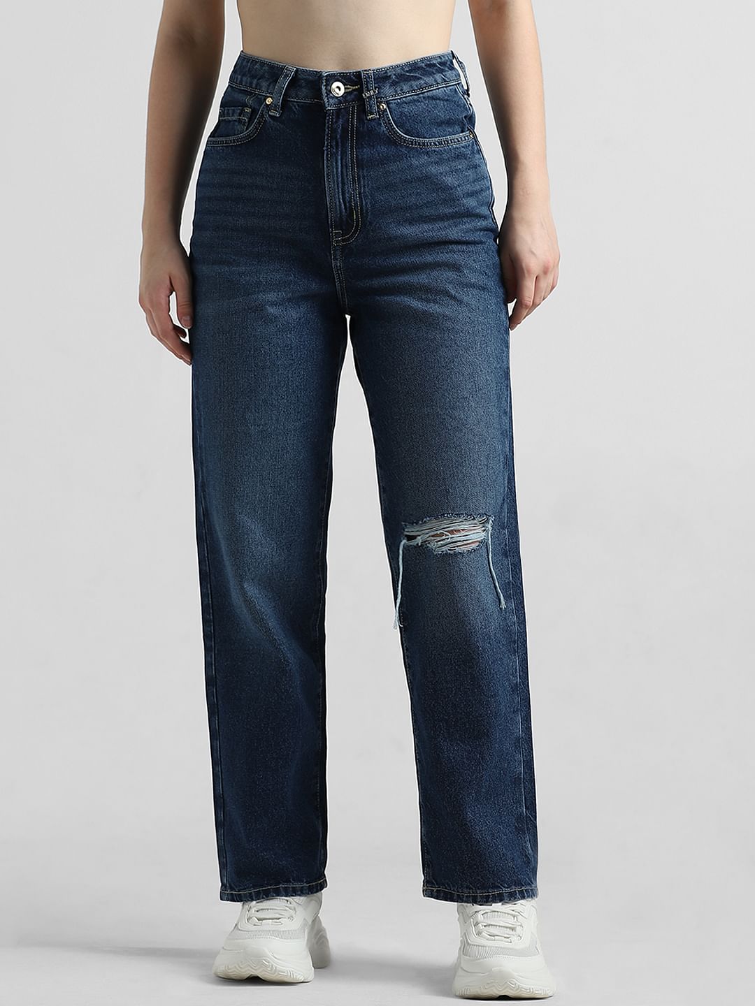 Dark Blue High Rise Distressed Wide Leg Jeans