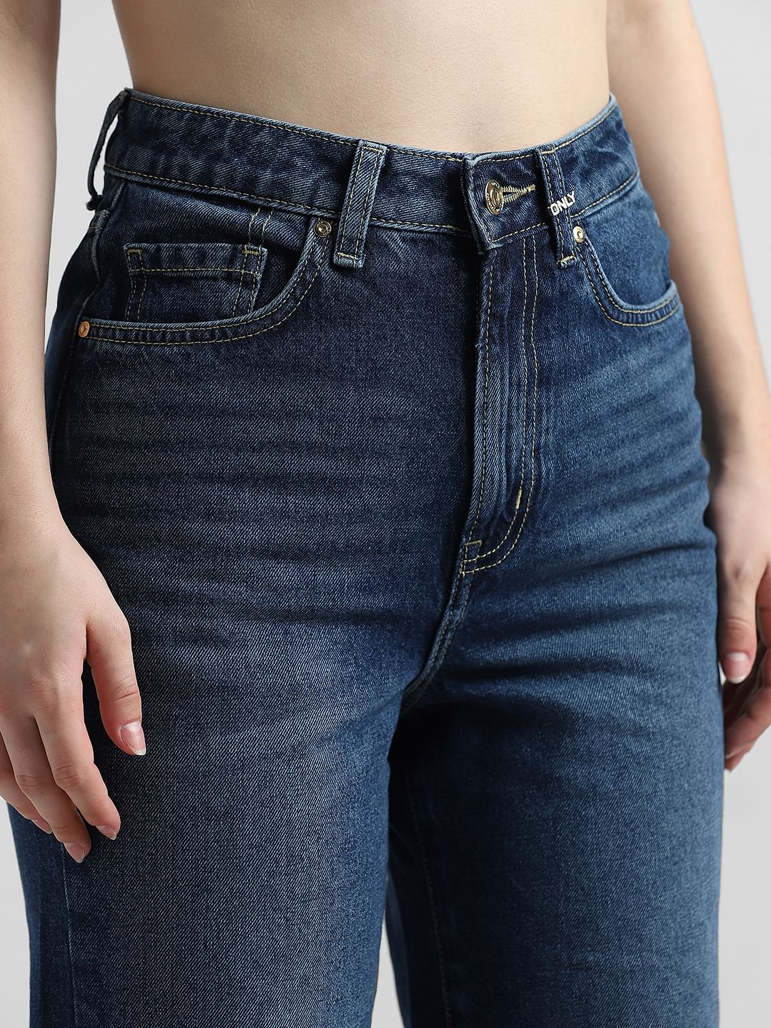 Dark Blue High Rise Distressed Wide Leg Jeans