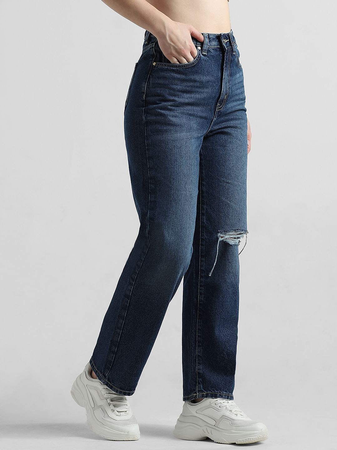Dark Blue High Rise Distressed Wide Leg Jeans