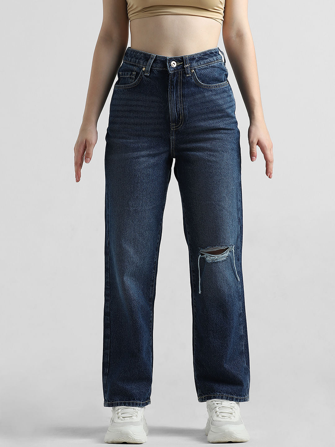Dark Blue High Rise Distressed Wide Leg Jeans
