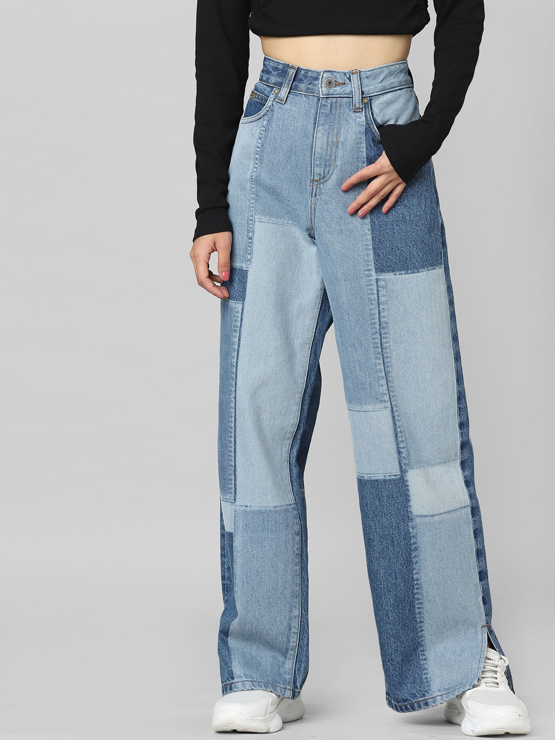 Light Blue High Rise Patchwork Straight Fit Jeans