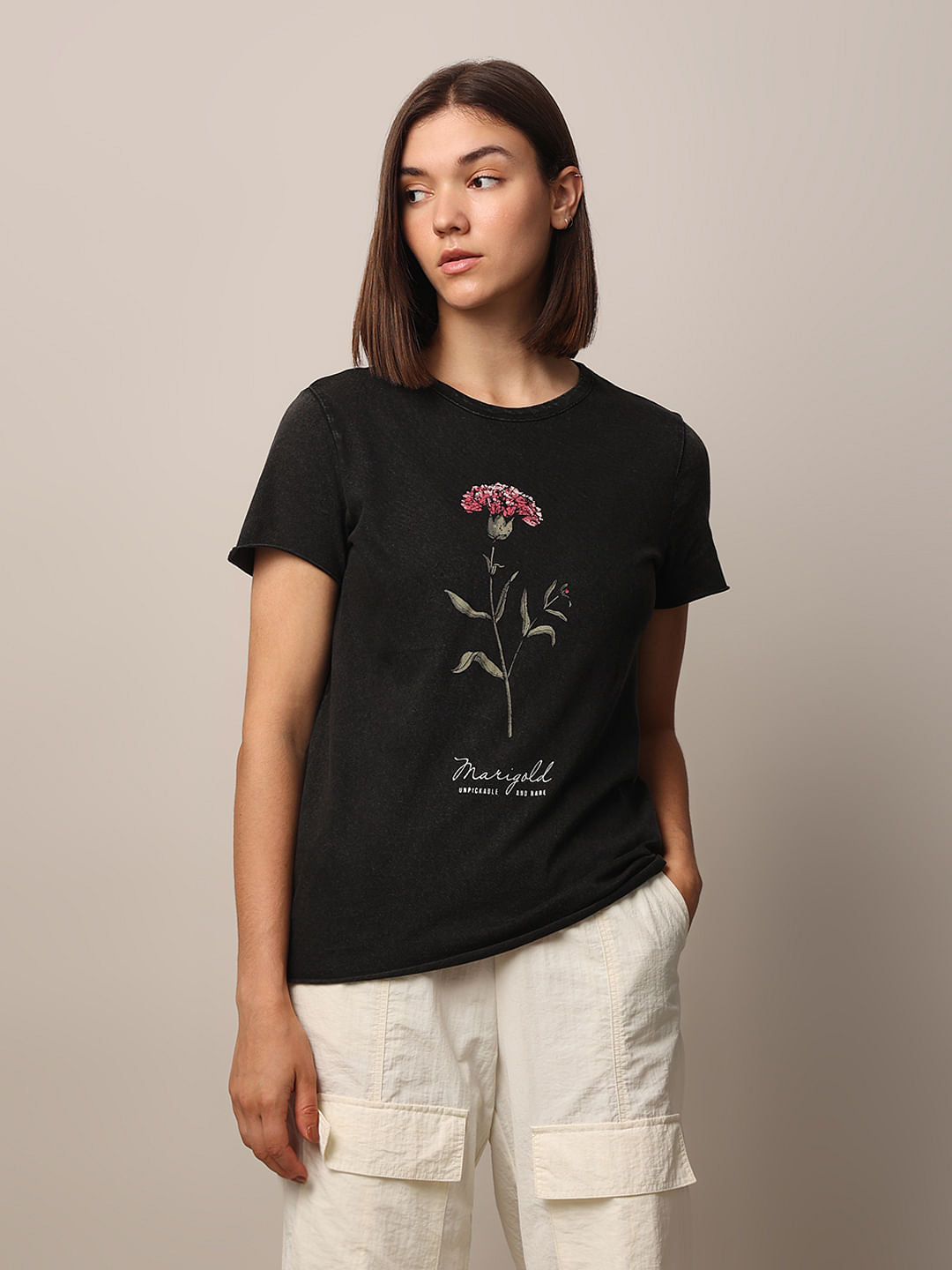 Black Acid Washed Printed Cotton T-Shirt