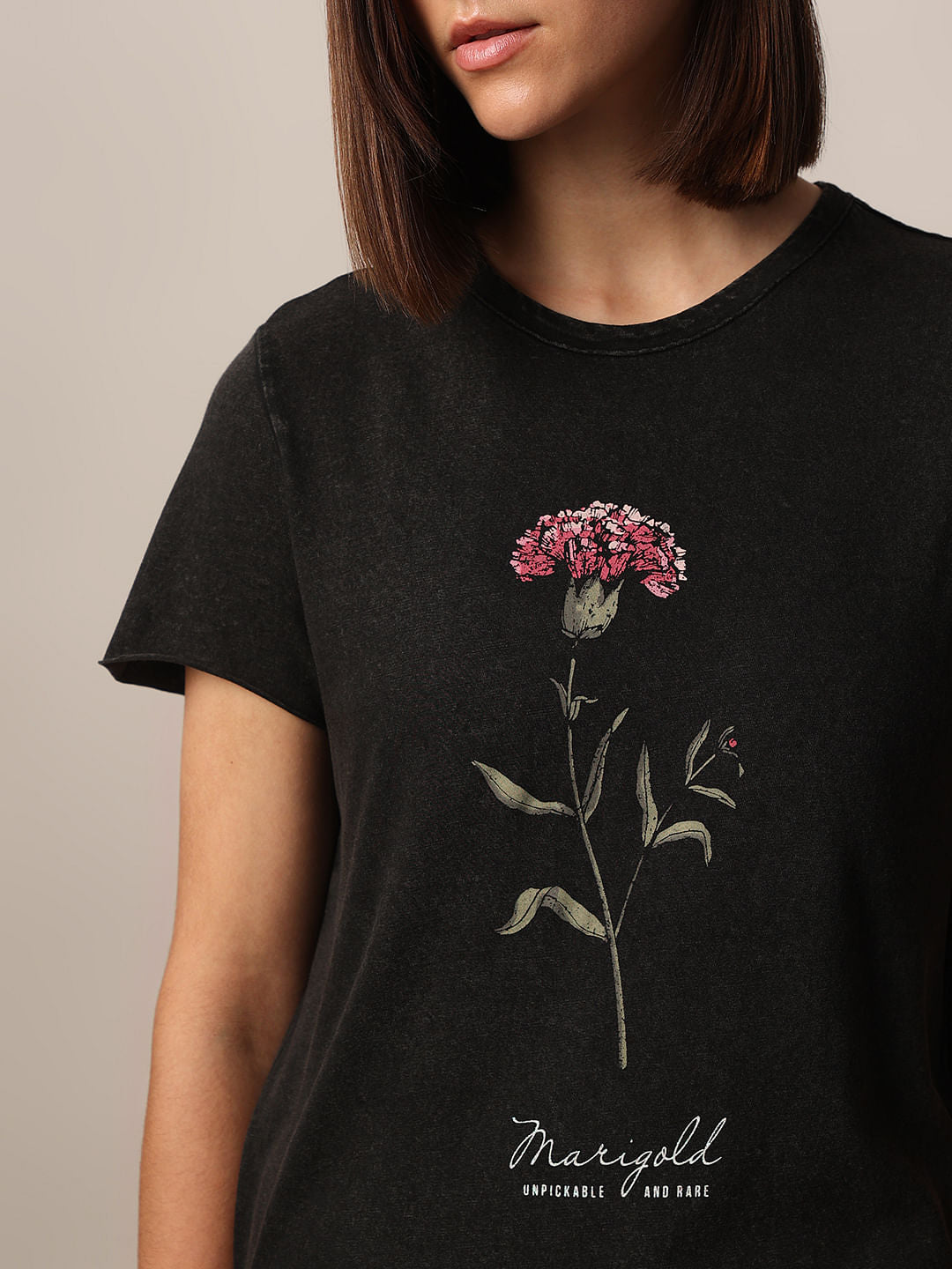 Black Acid Washed Printed Cotton T-Shirt