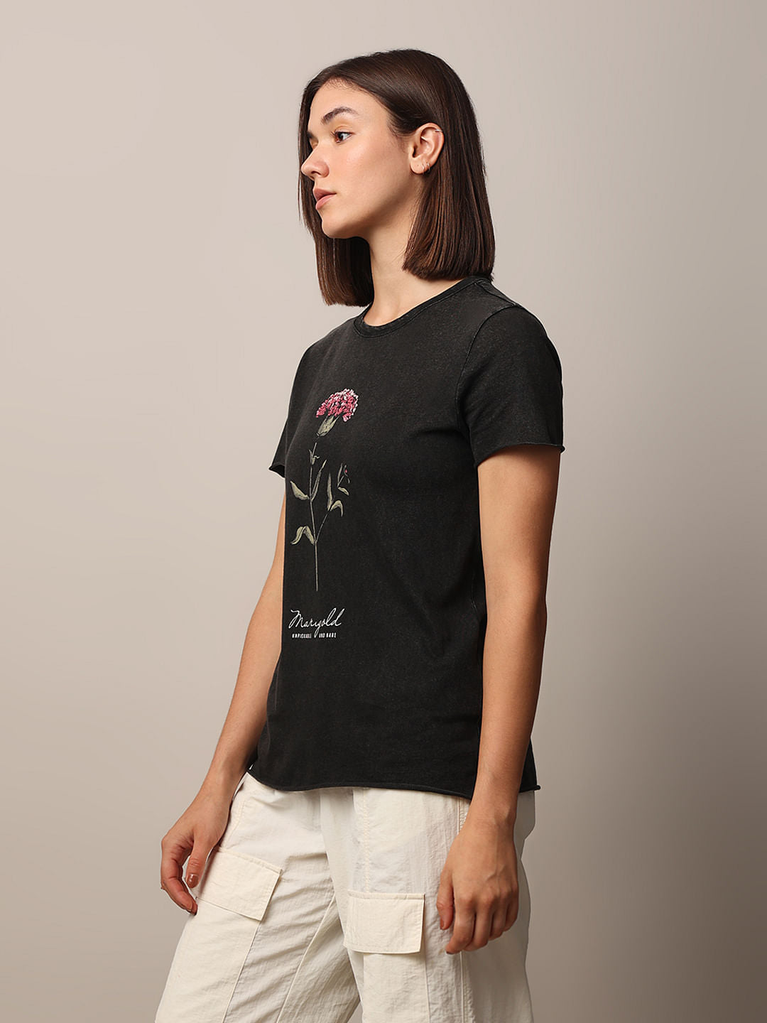 Black Acid Washed Printed Cotton T-Shirt