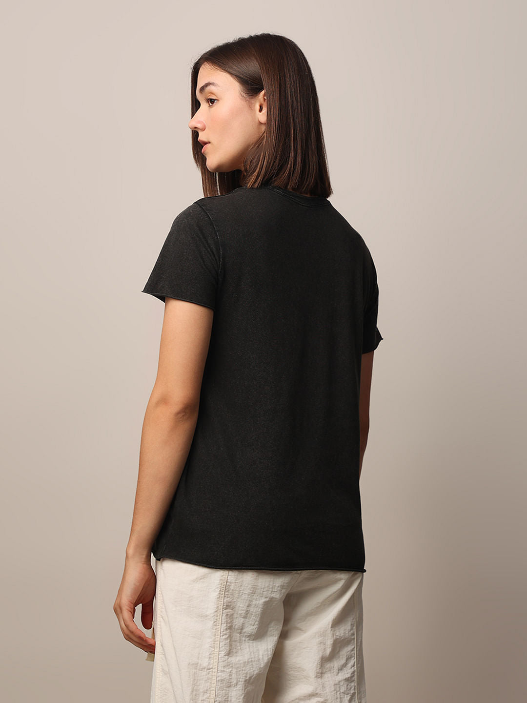 Black Acid Washed Printed Cotton T-Shirt