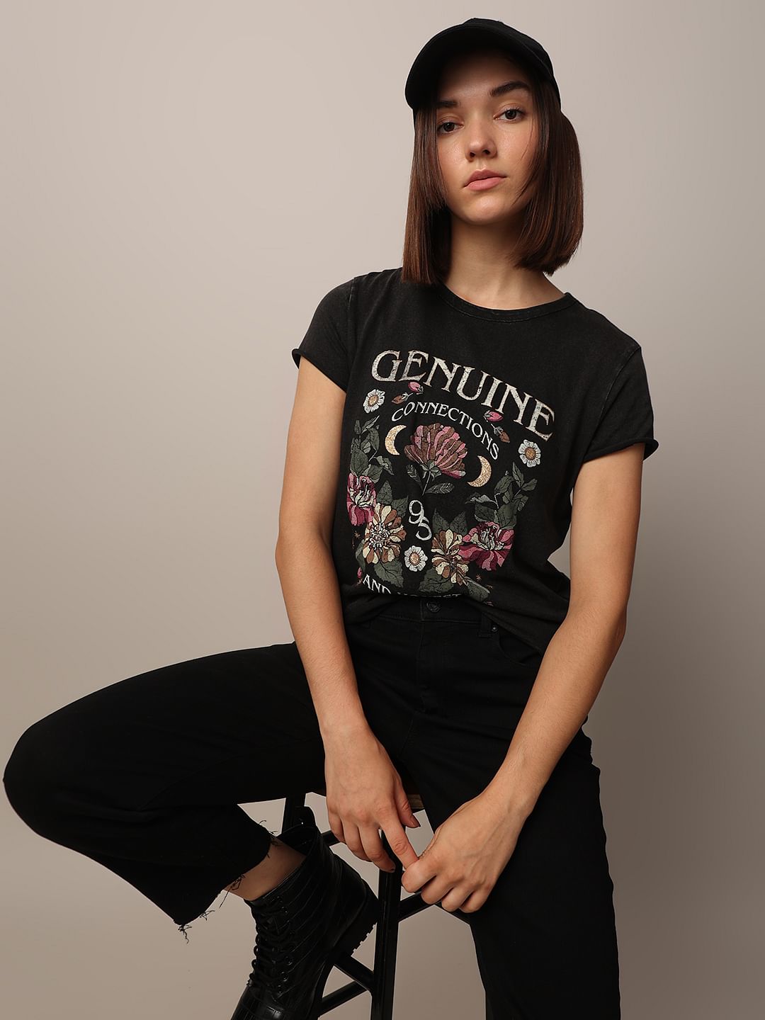 Black Acid Washed Printed Cotton T-Shirt