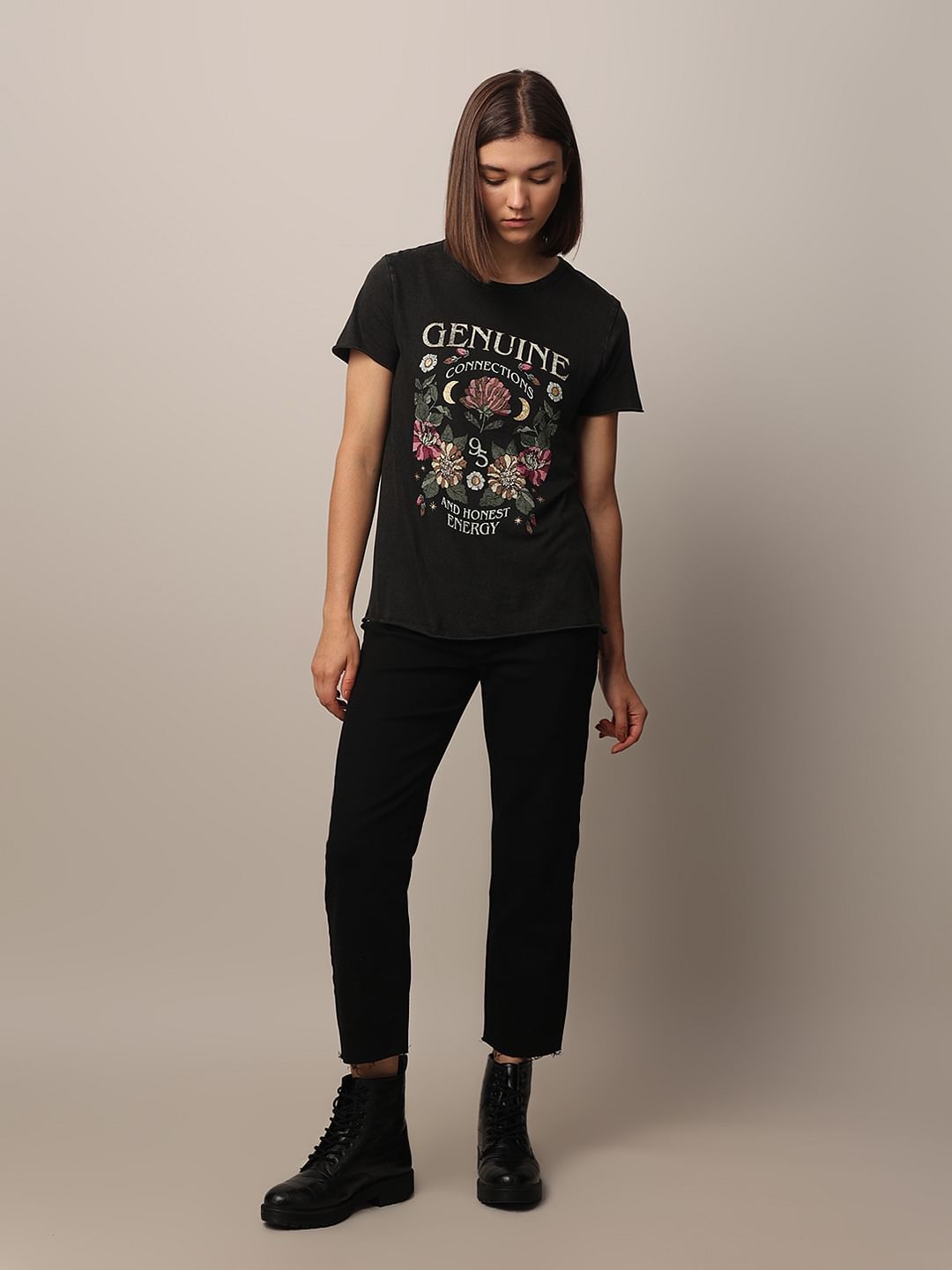 Black Acid Washed Printed Cotton T-Shirt
