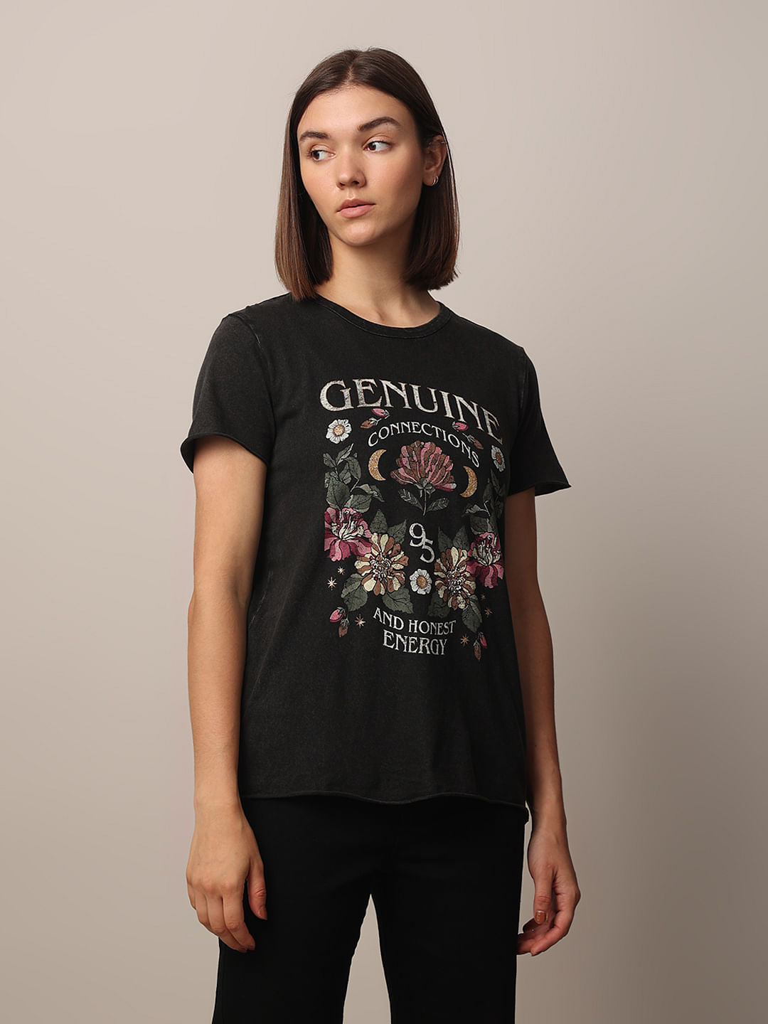 Black Acid Washed Printed Cotton T-Shirt