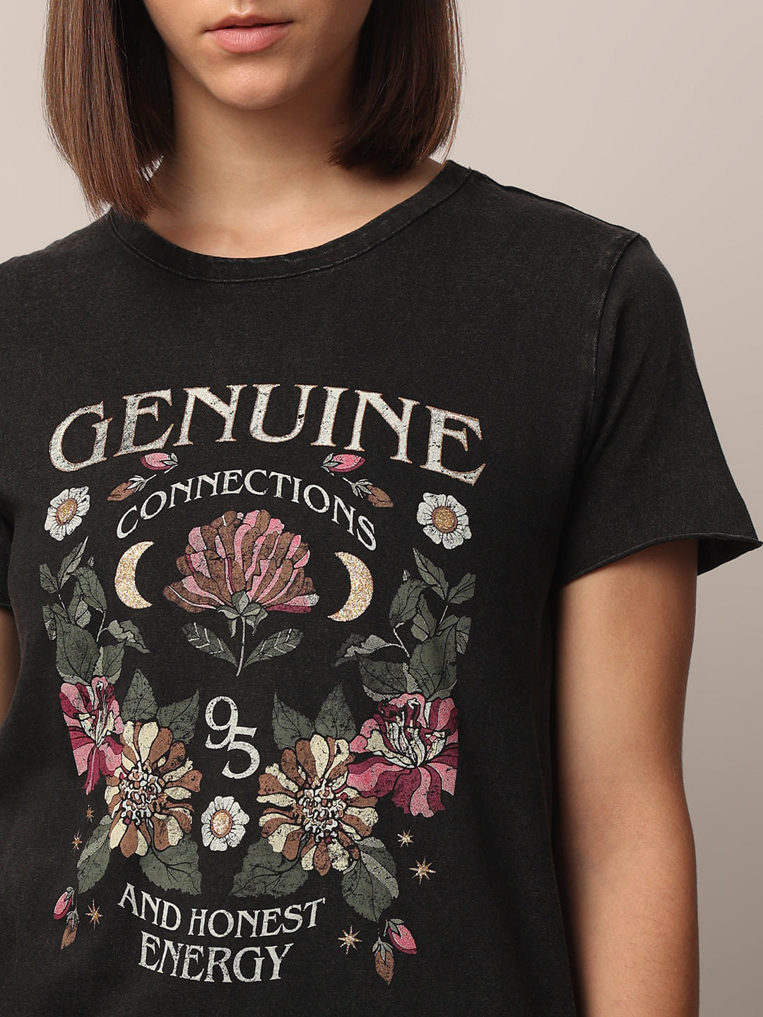 Black Acid Washed Printed Cotton T-Shirt