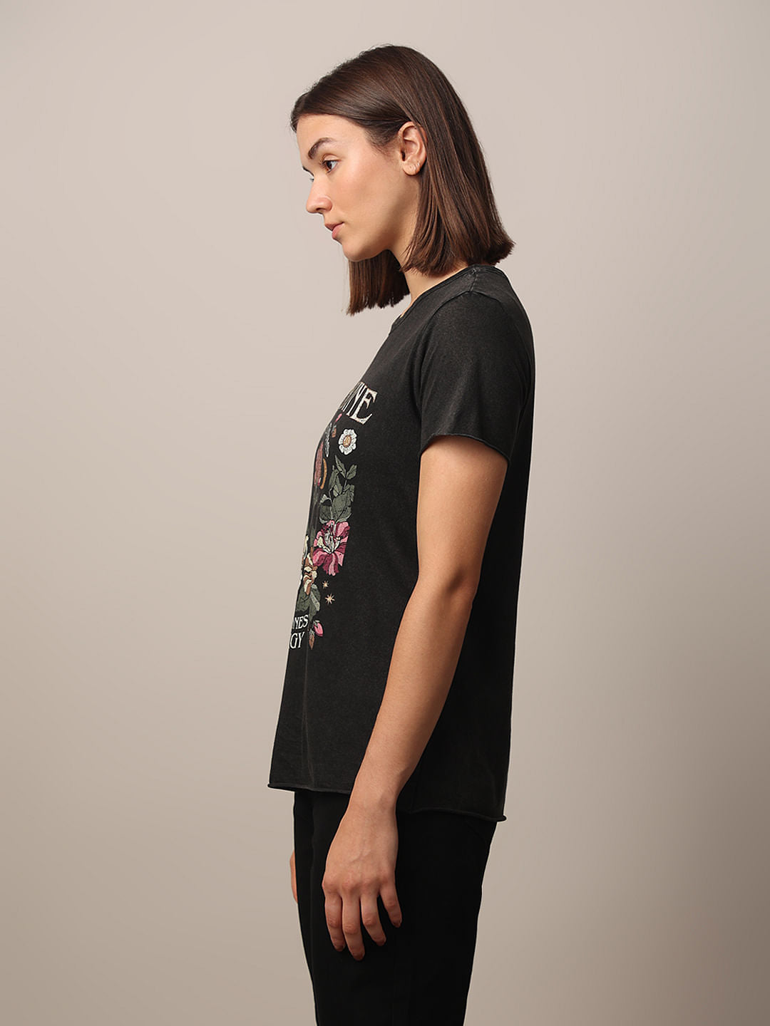 Black Acid Washed Printed Cotton T-Shirt