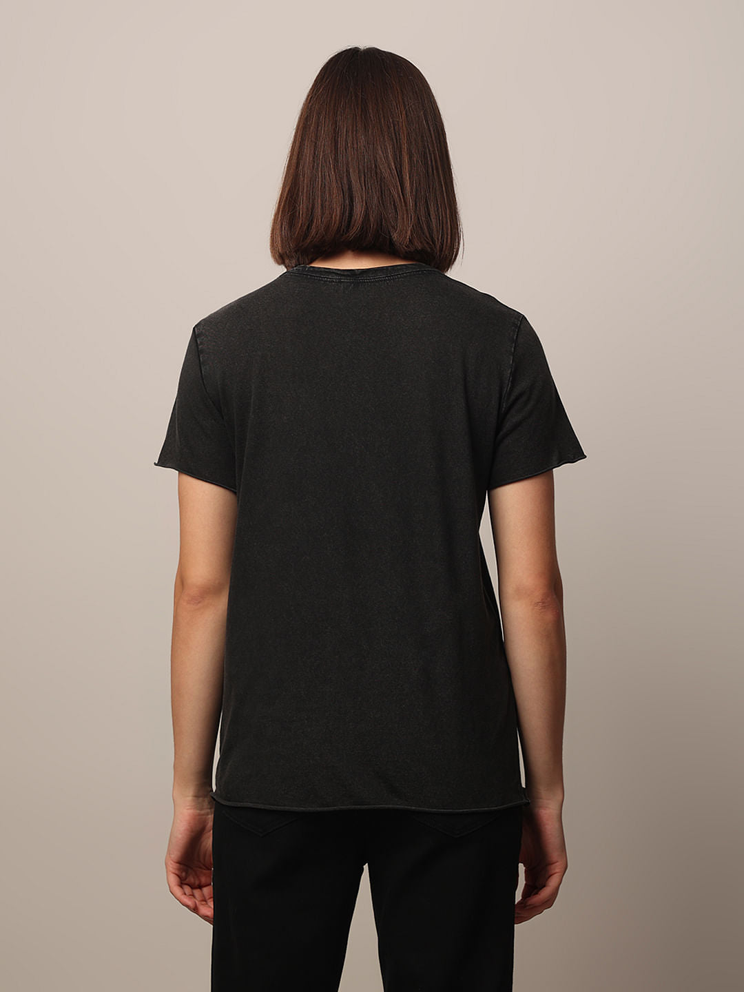 Black Acid Washed Printed Cotton T-Shirt