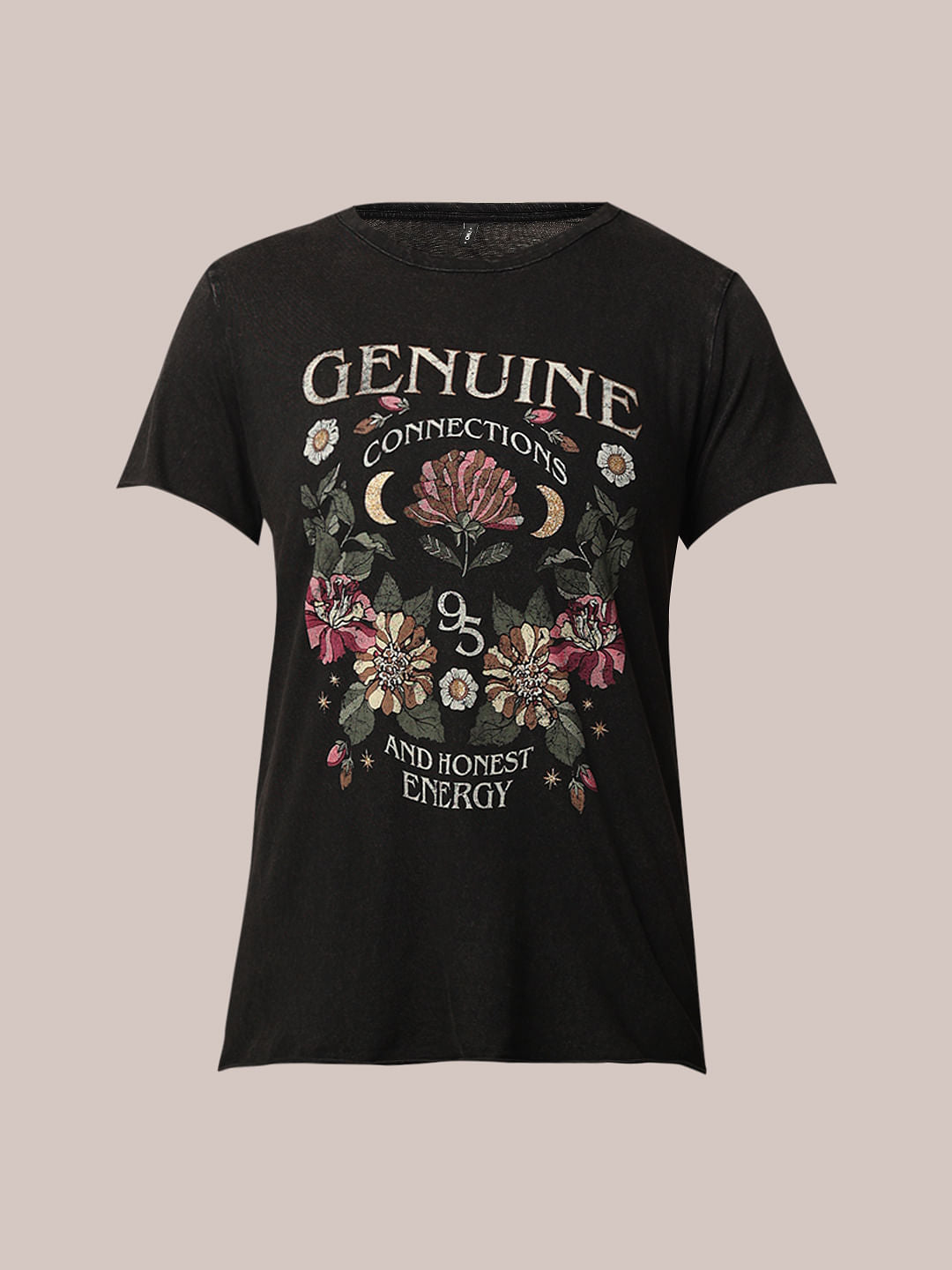 Black Acid Washed Printed Cotton T-Shirt