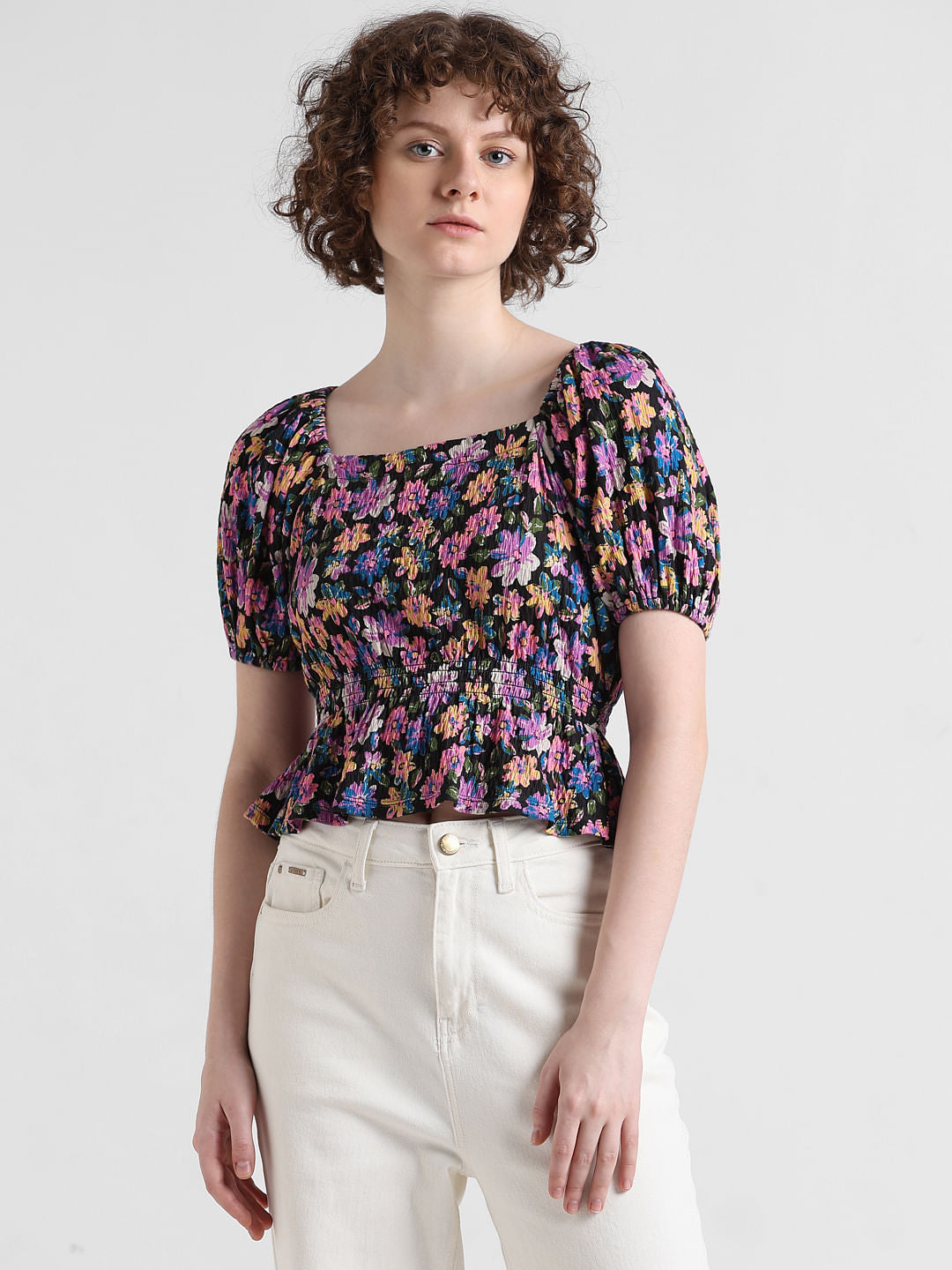 Black Floral Smocked Top