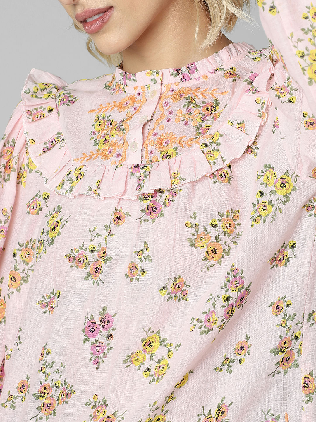 Pink Floral Frill Trimmed Top