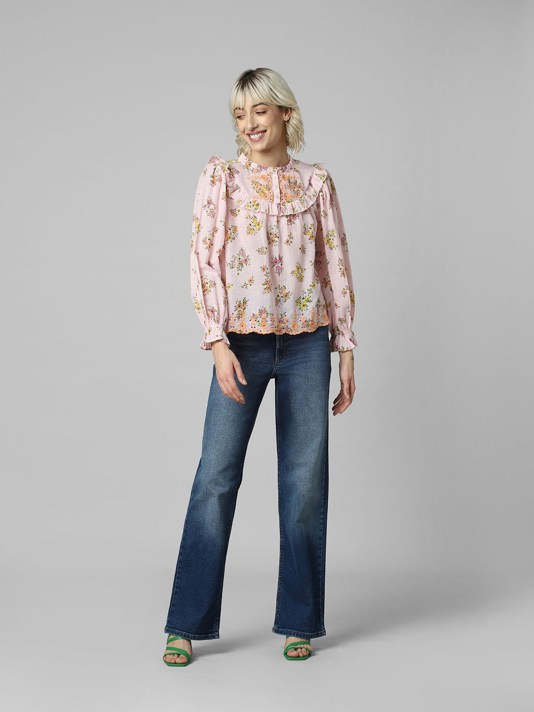 Pink Floral Frill Trimmed Top