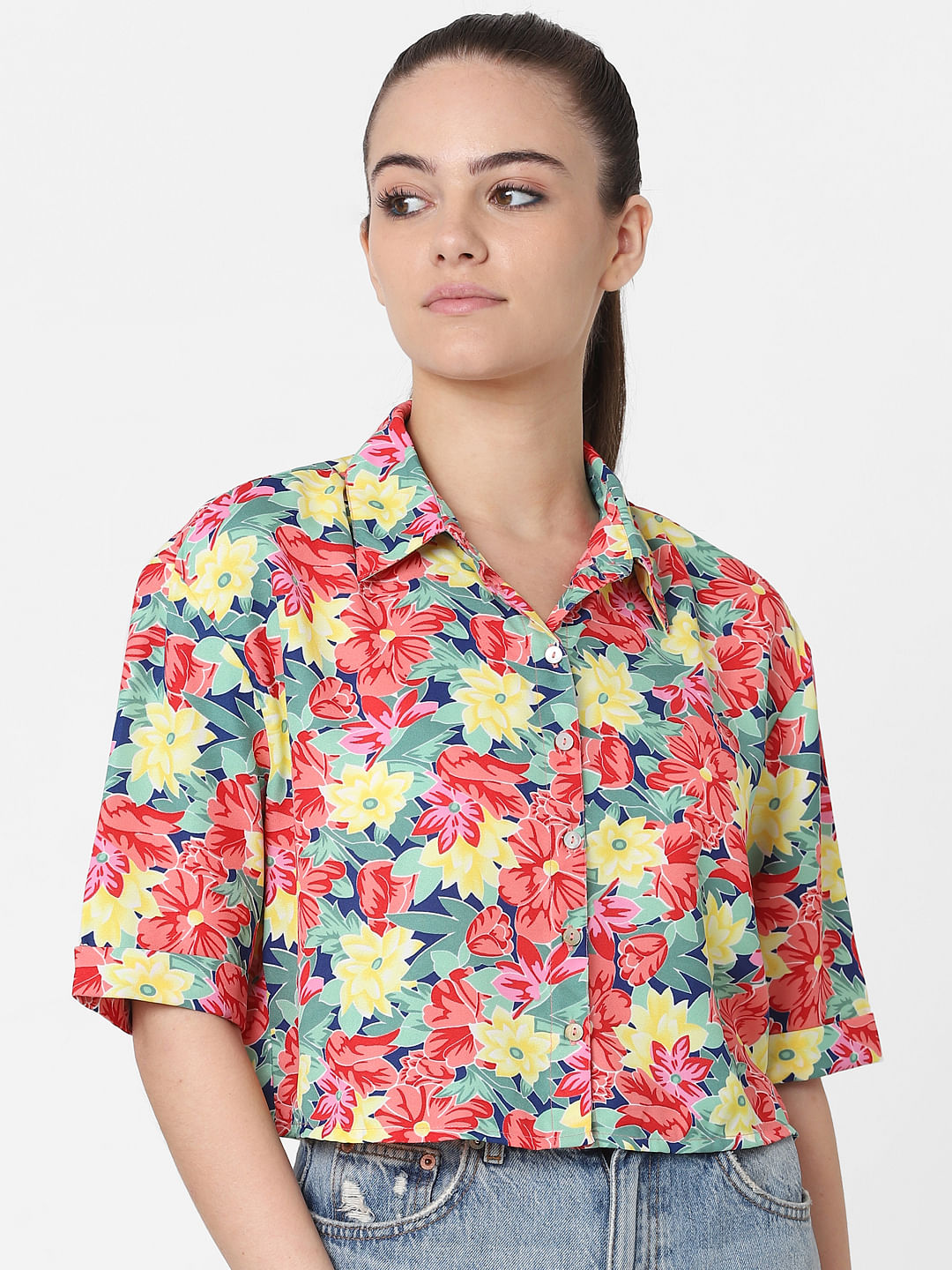 Only X Flabjacks Multi-Coloured Floral Cropped Shirt