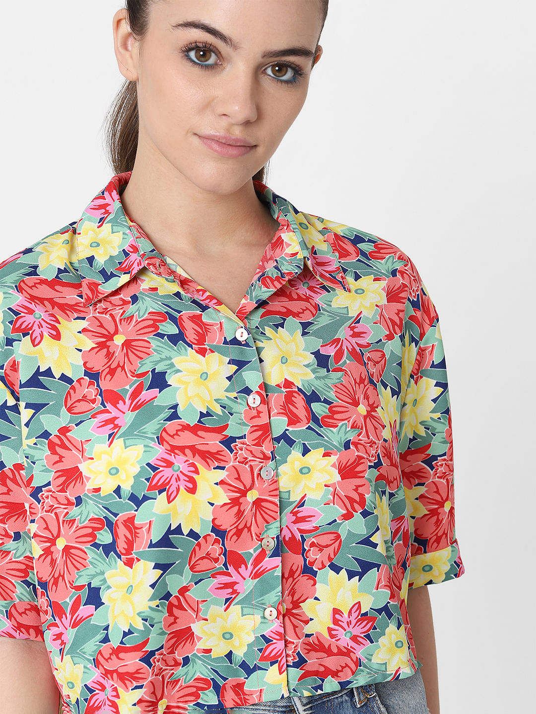 Only X Flabjacks Multi-Coloured Floral Cropped Shirt