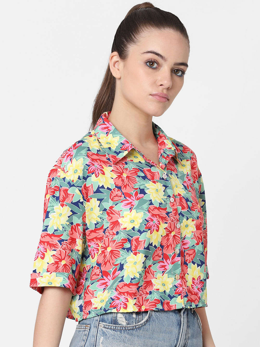 Only X Flabjacks Multi-Coloured Floral Cropped Shirt