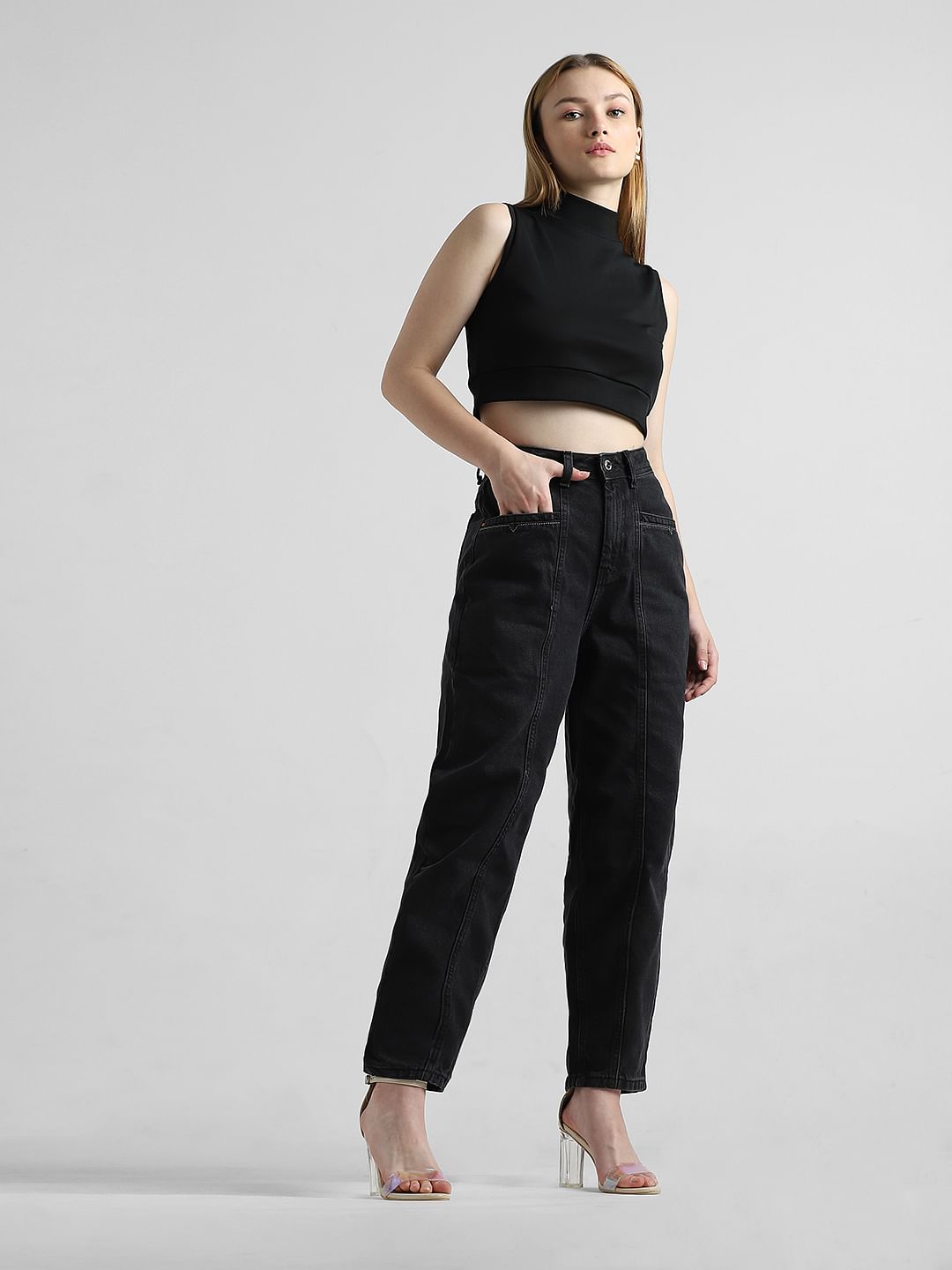 Black High Rise Pintuck Baggy Jeans