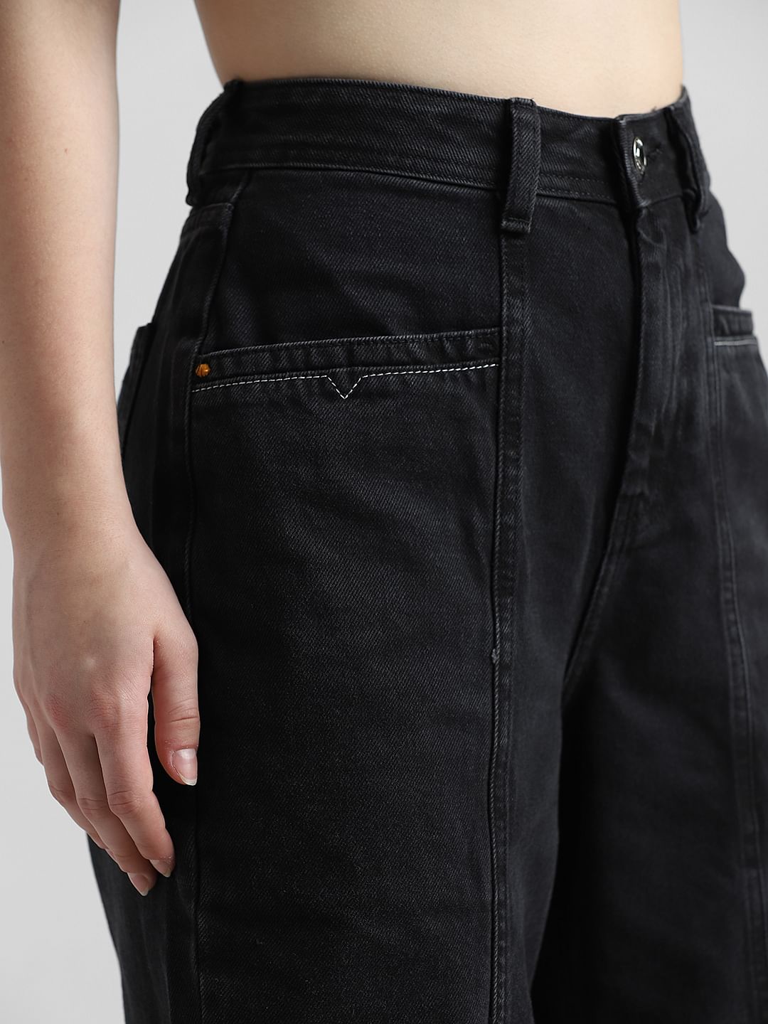Black High Rise Pintuck Baggy Jeans