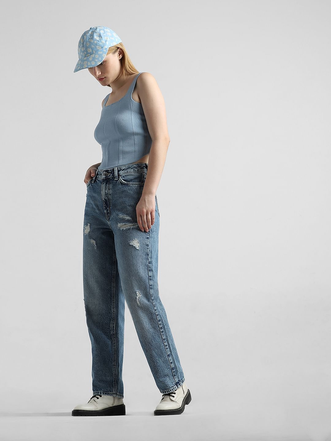 Blue High Rise Distressed Straight Fit Jeans
