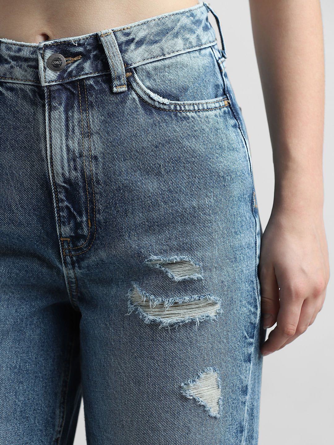 Blue High Rise Distressed Straight Fit Jeans
