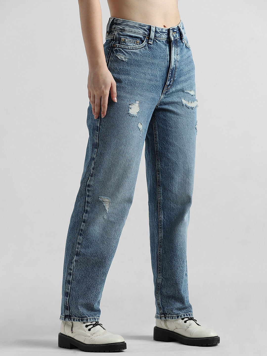 Blue High Rise Distressed Straight Fit Jeans