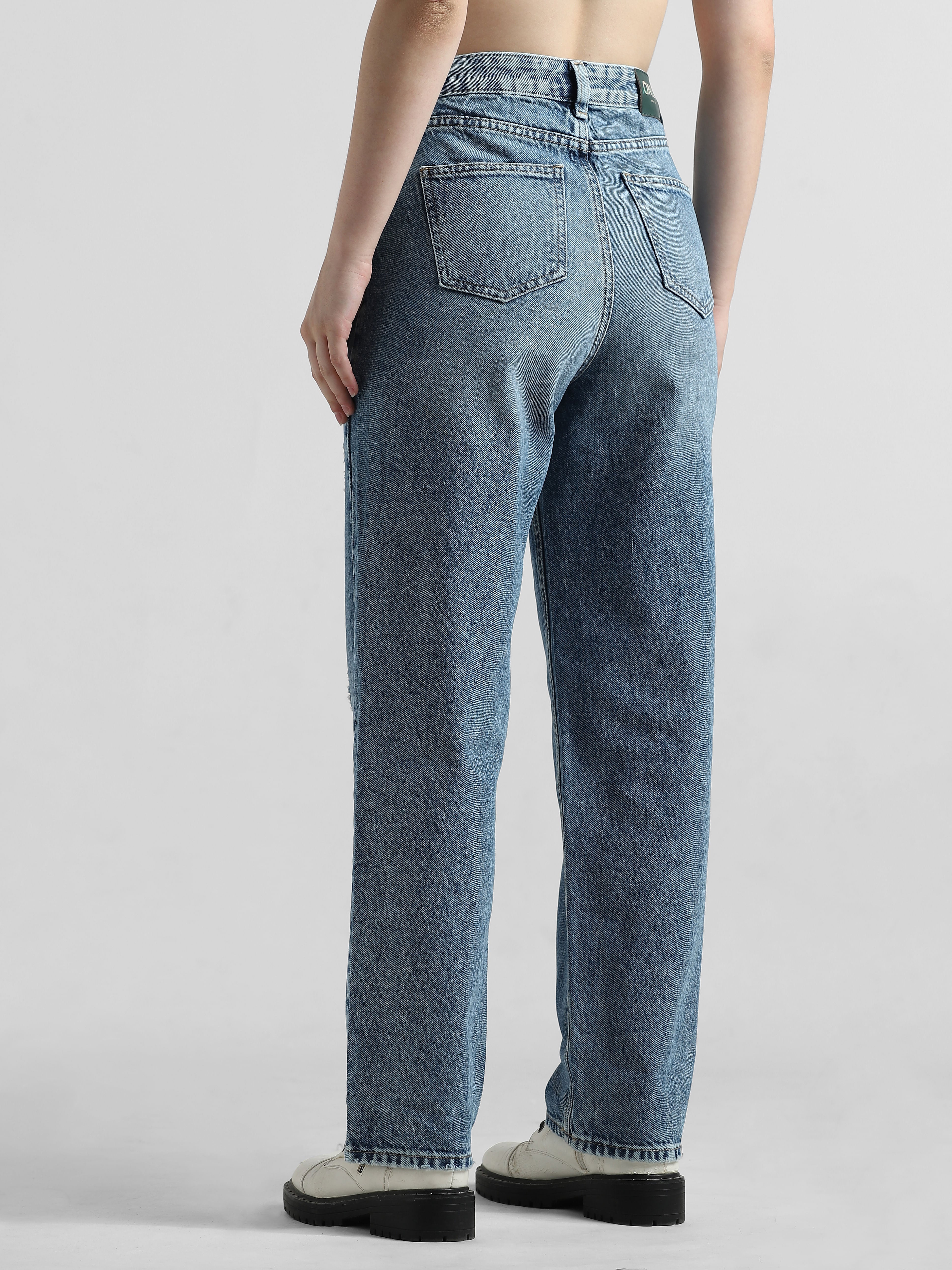 Blue High Rise Distressed Straight Fit Jeans