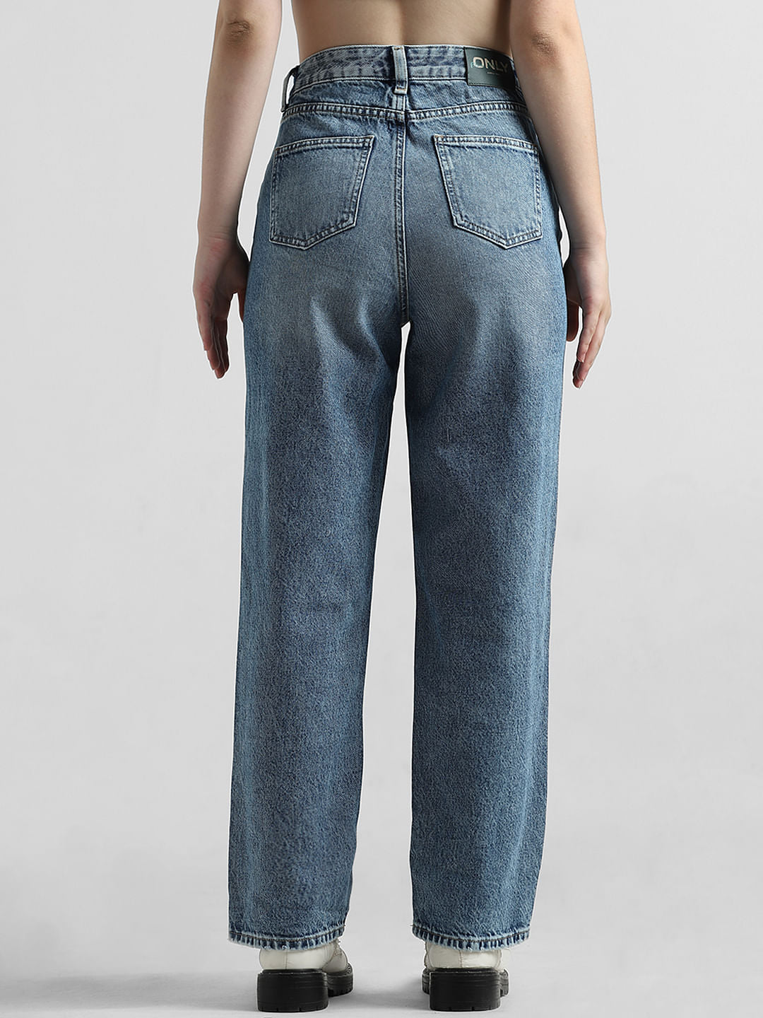 Blue High Rise Distressed Straight Fit Jeans