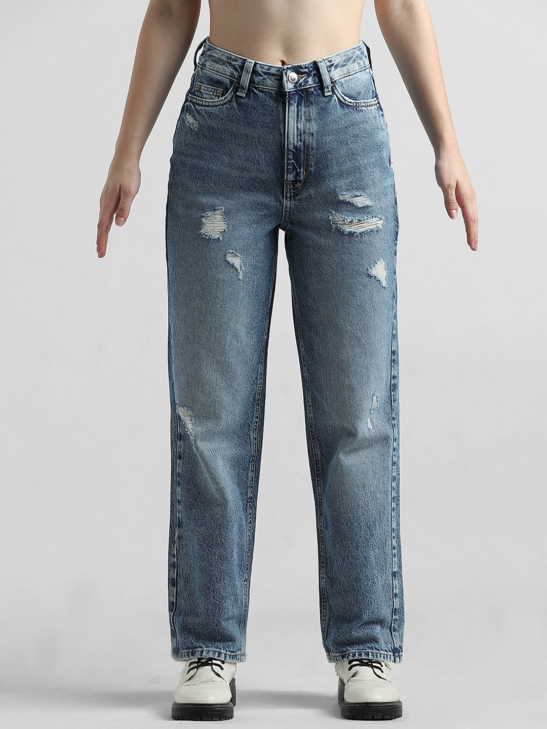 Blue High Rise Distressed Straight Fit Jeans