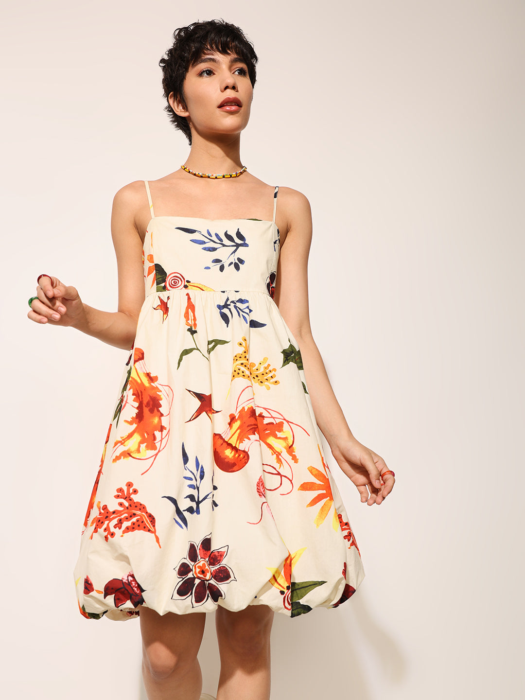 Light Yellow Printed Balloon Dress