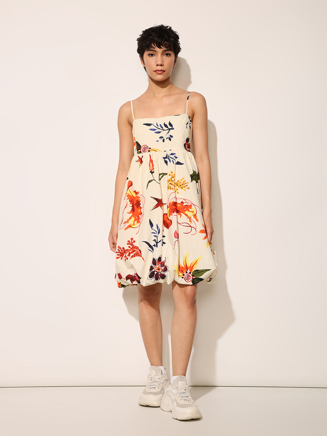 Light Yellow Printed Balloon Dress