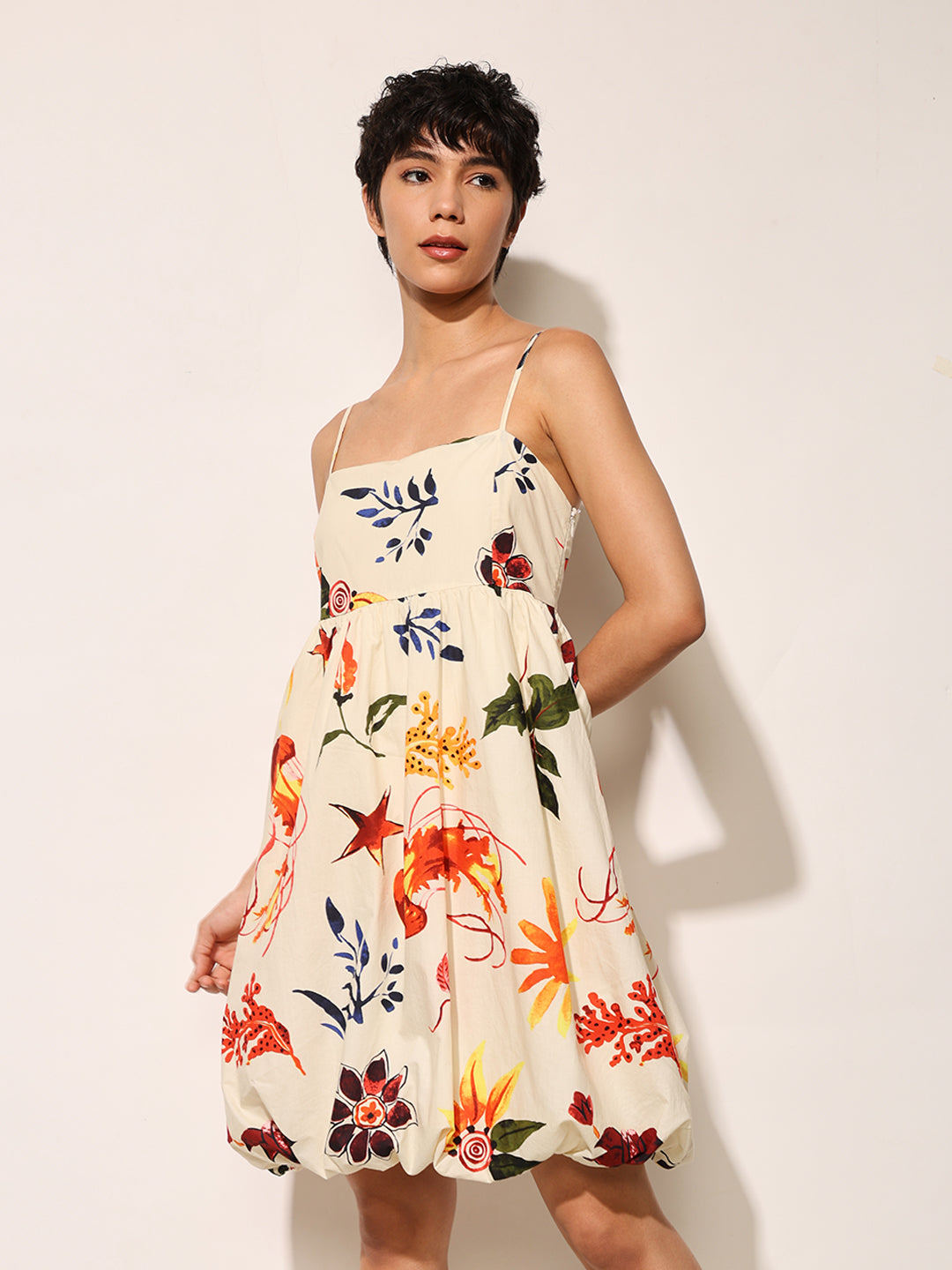 Light Yellow Printed Balloon Dress