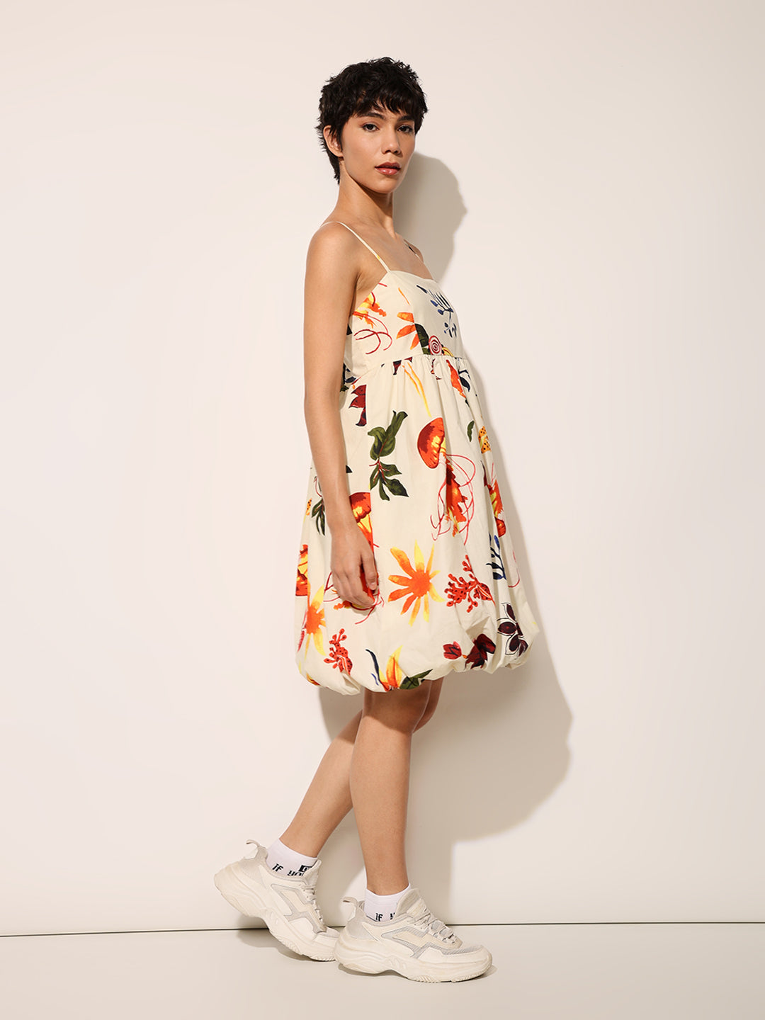 Light Yellow Printed Balloon Dress