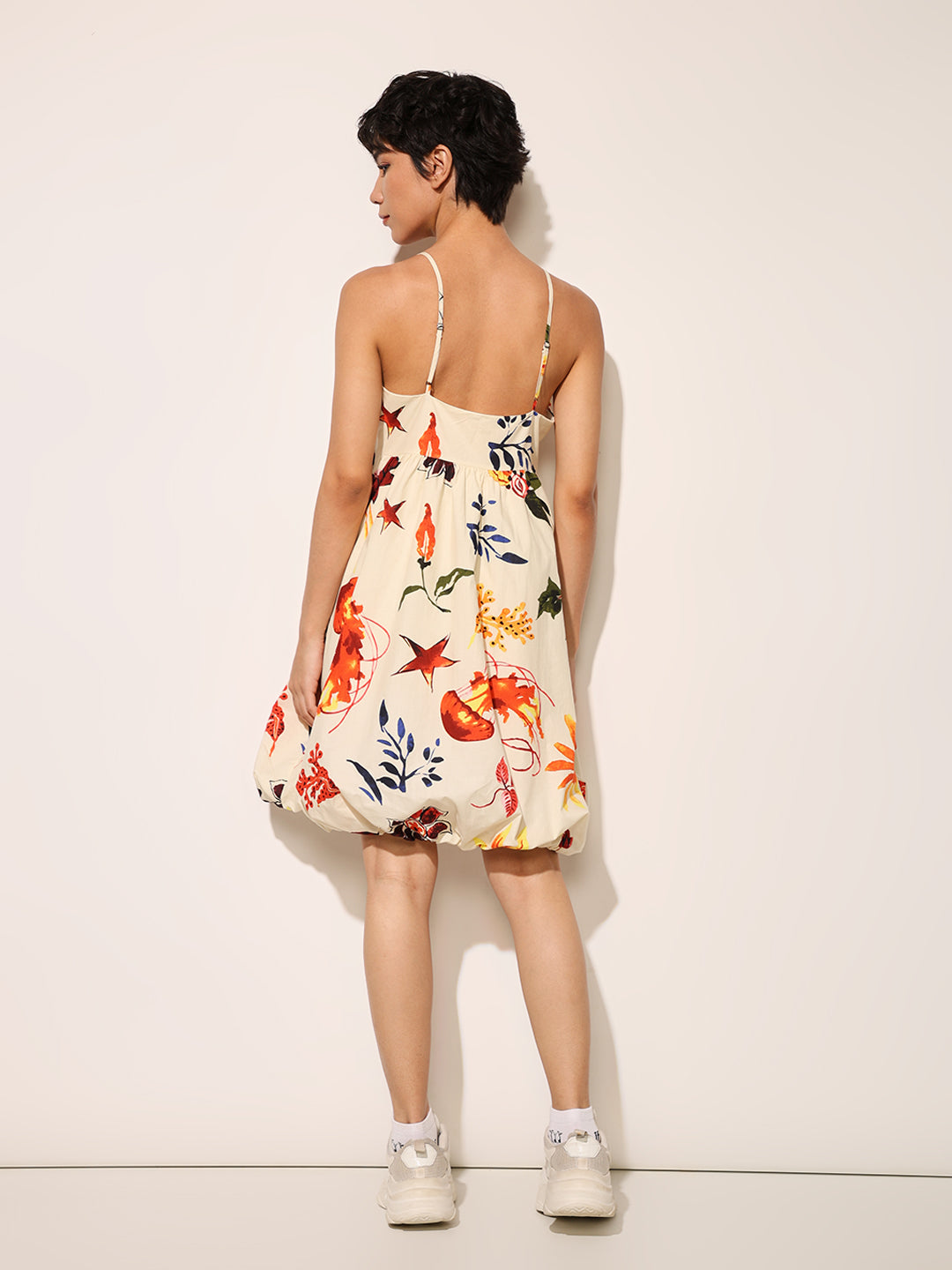 Light Yellow Printed Balloon Dress