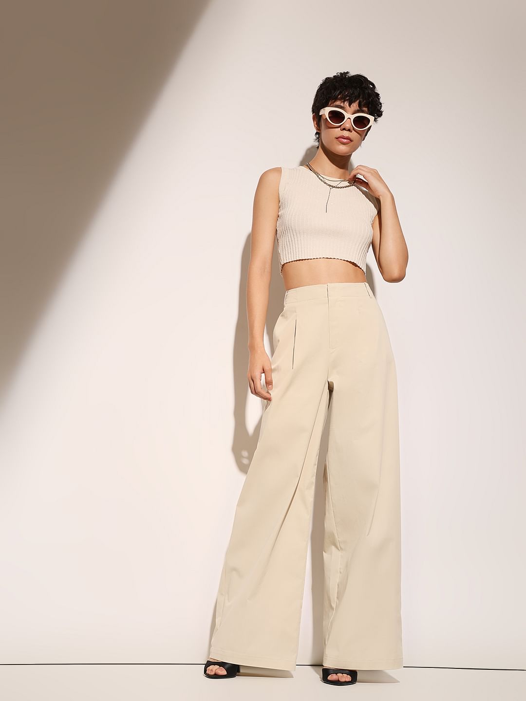 Beige High Rise Wide Leg Pants