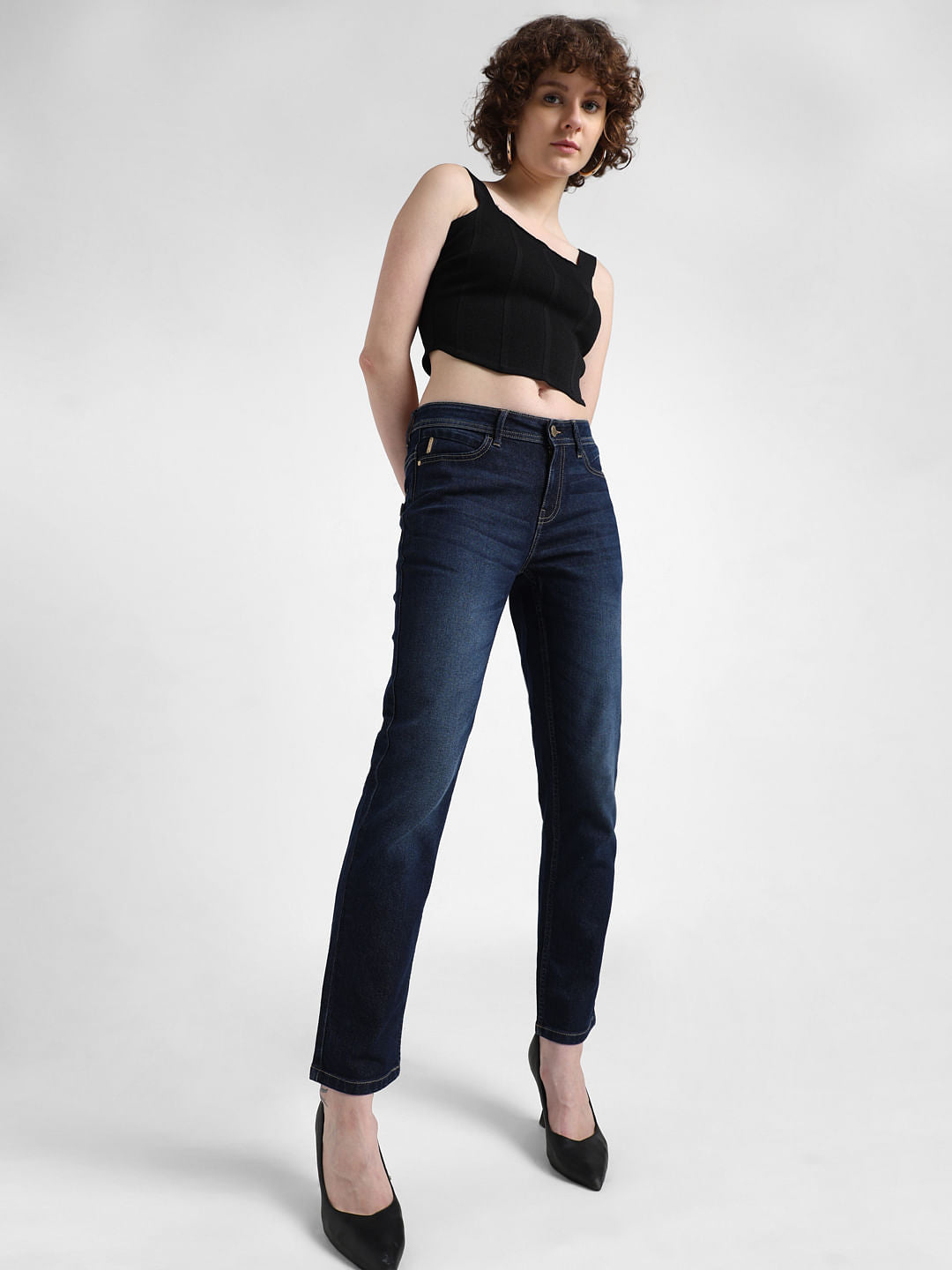 Dark Blue Mid Rise Washed Skinny Fit Jeans