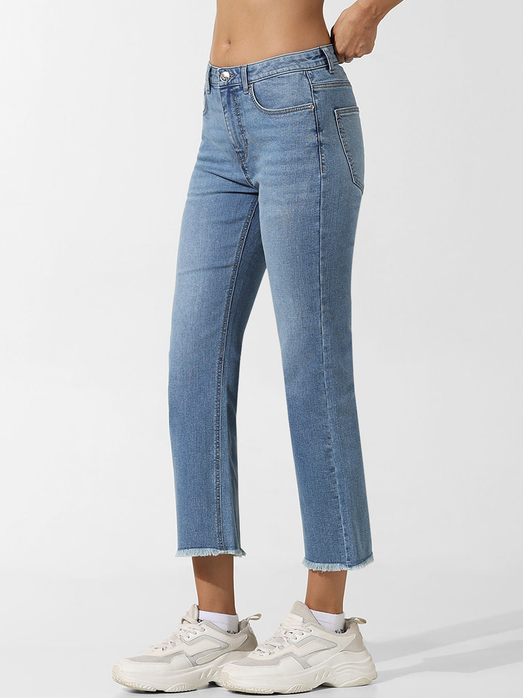 Light Blue Mid Rise Cropped Flared Jeans