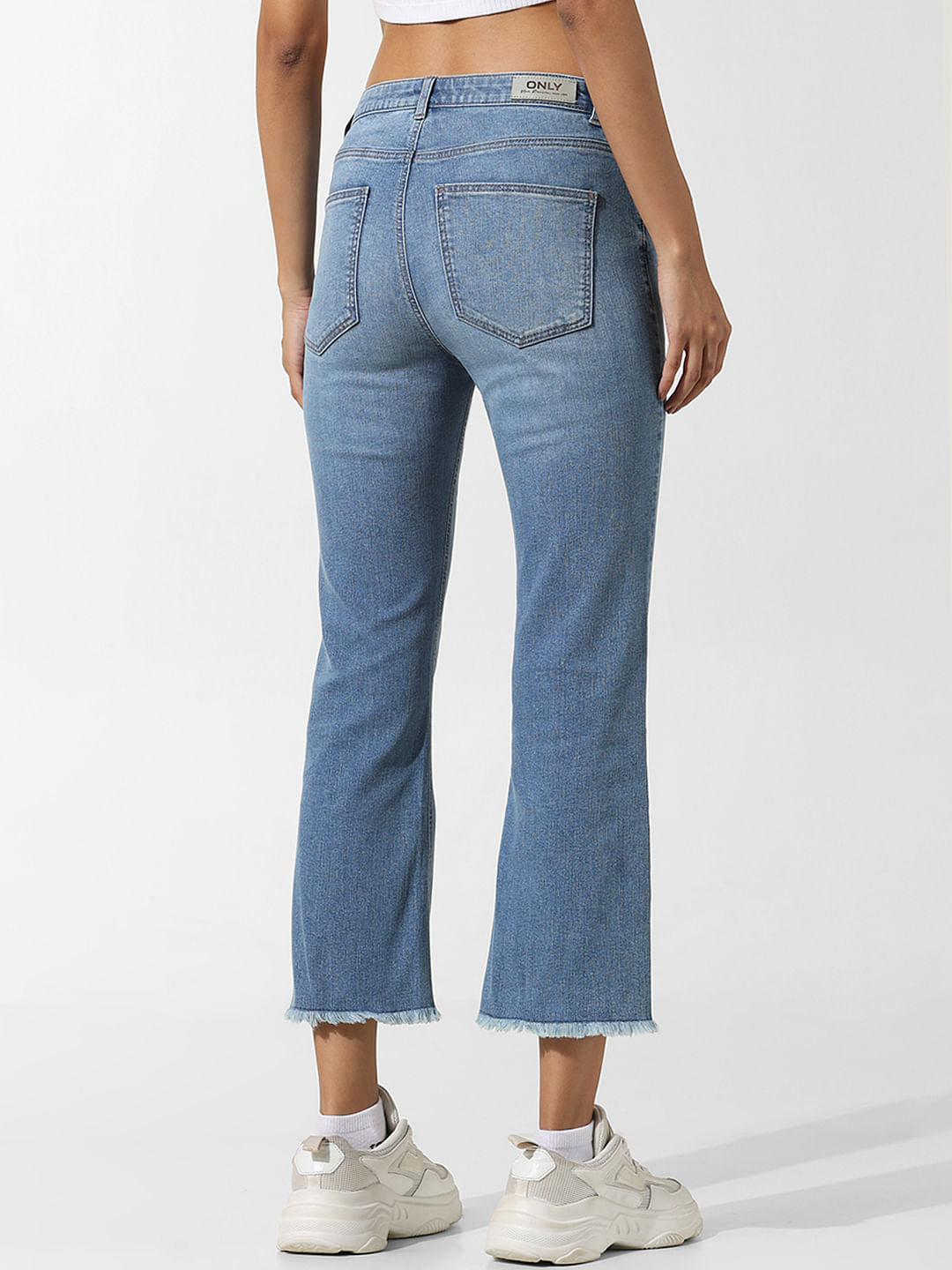 Light Blue Mid Rise Cropped Flared Jeans