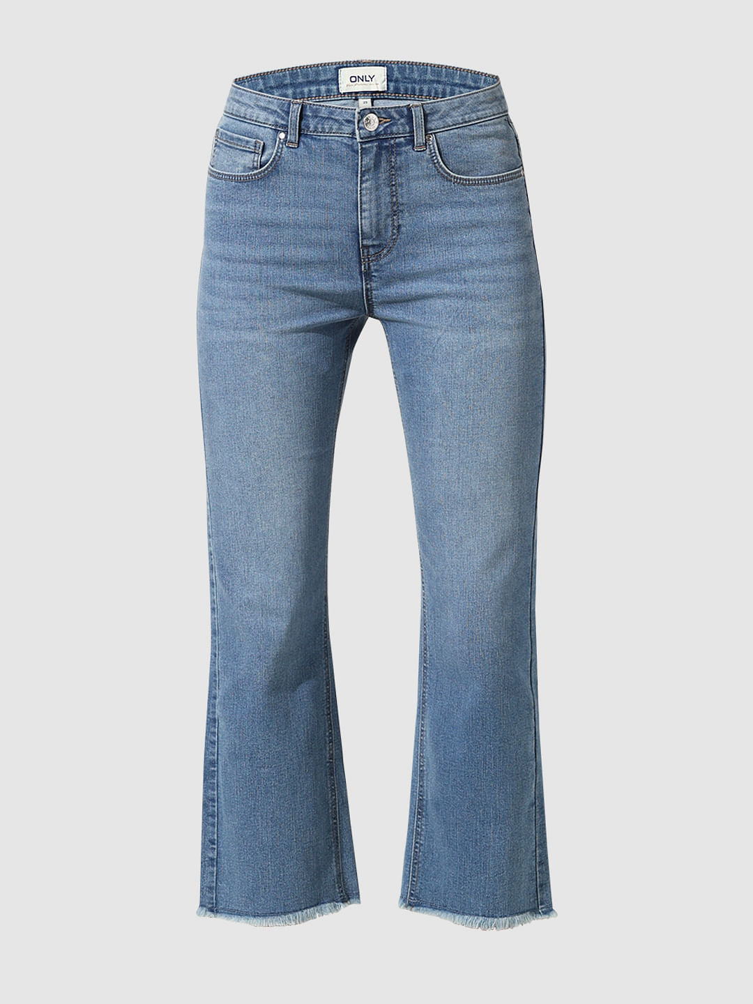 Light Blue Mid Rise Cropped Flared Jeans