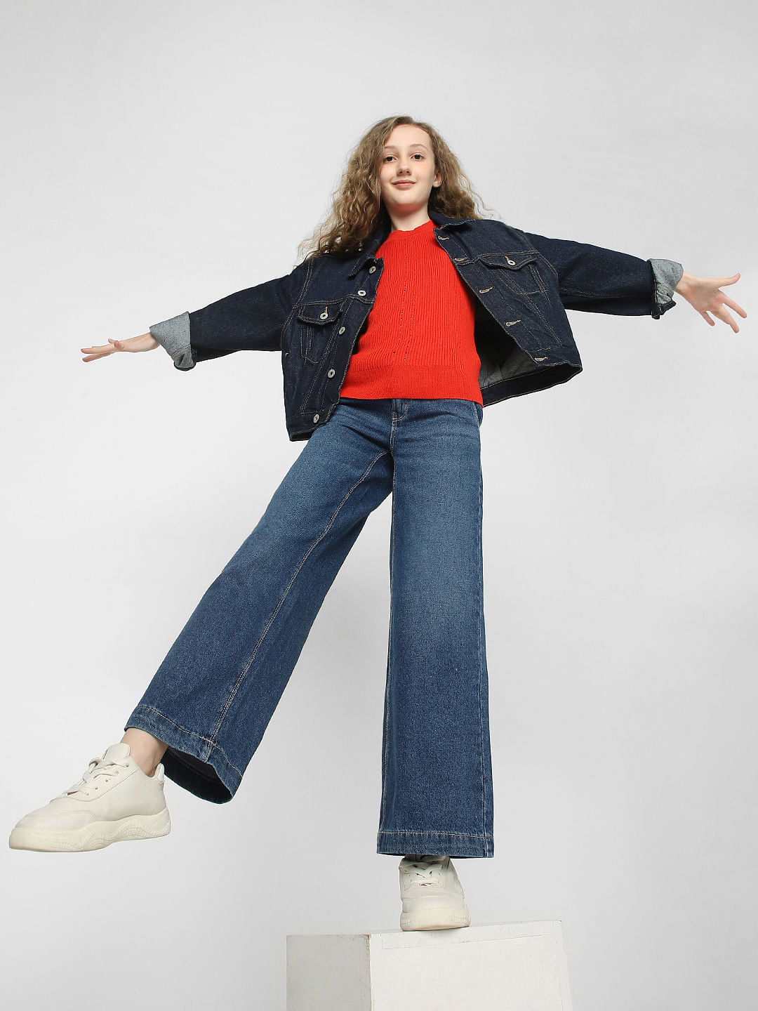 Girls Blue Mid Rise Wide Leg Jeans