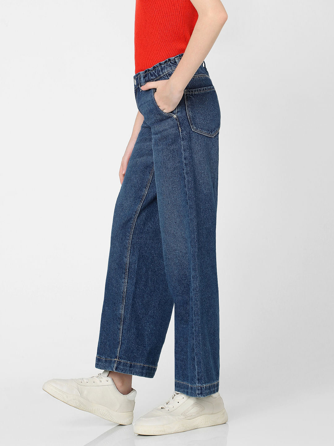 Girls Blue Mid Rise Wide Leg Jeans