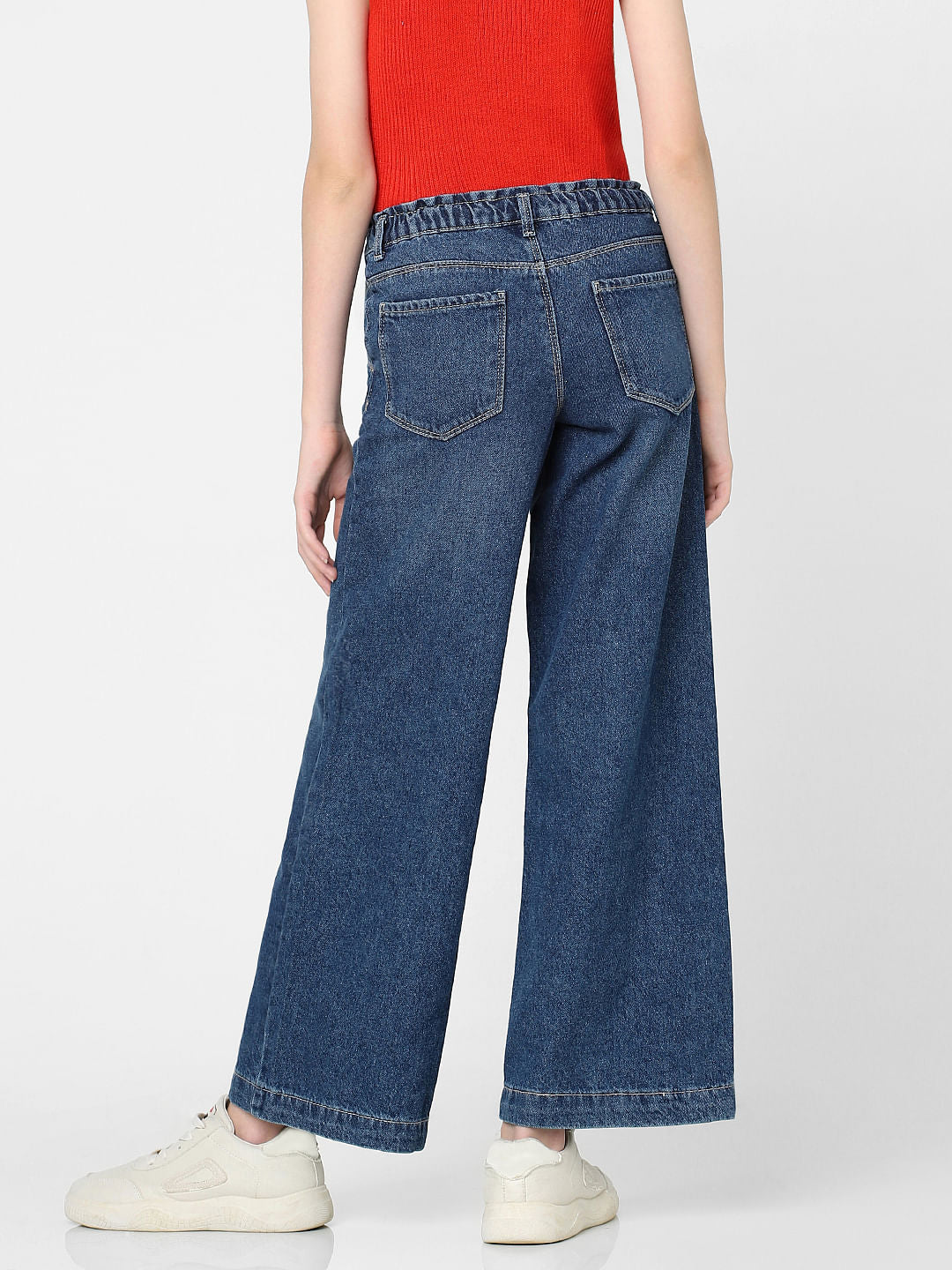 Girls Blue Mid Rise Wide Leg Jeans