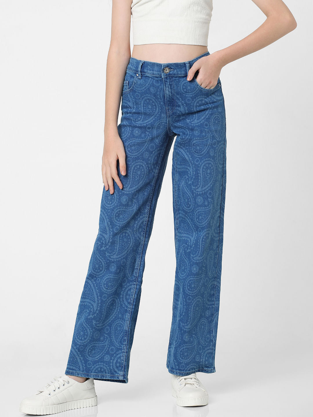 Blue Mid Rise Printed Wide Leg Jeans