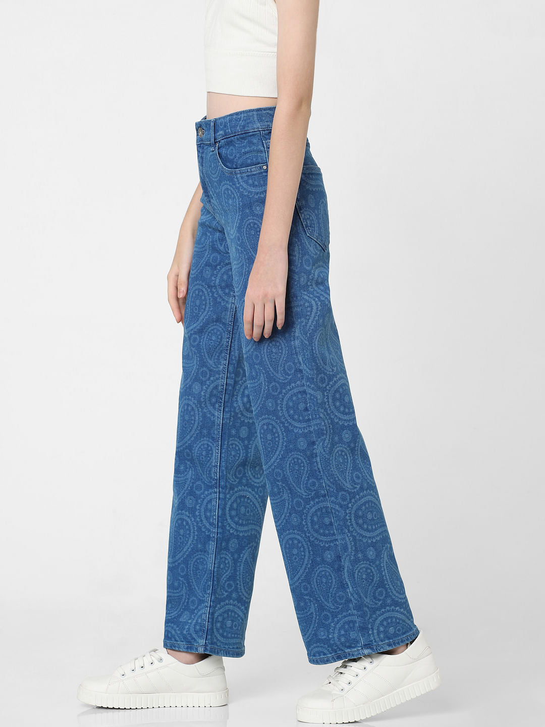 Blue Mid Rise Printed Wide Leg Jeans