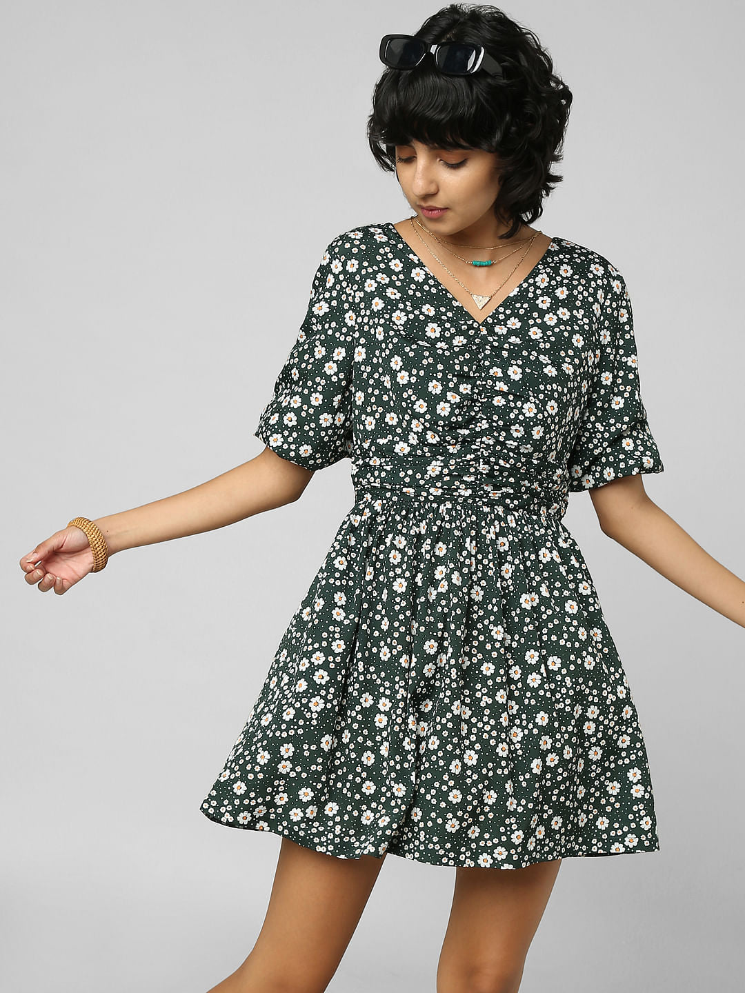 Green Floral Print Mini Dress