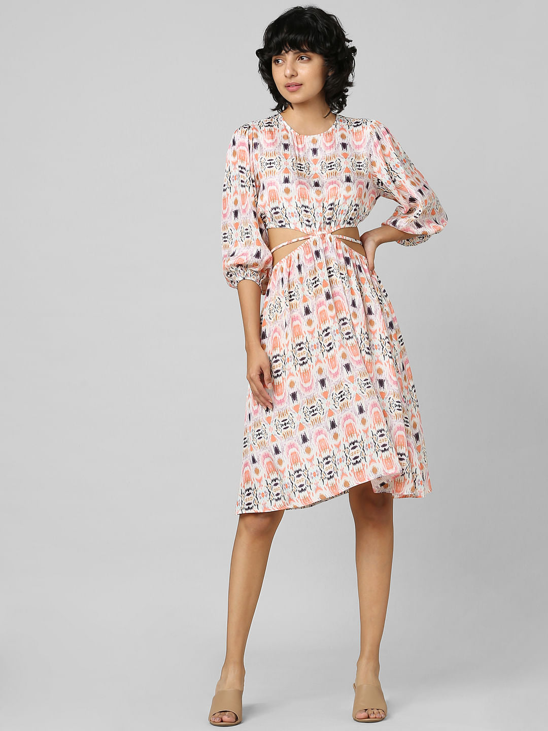 Pink Abstract Print Cut-Out Dress