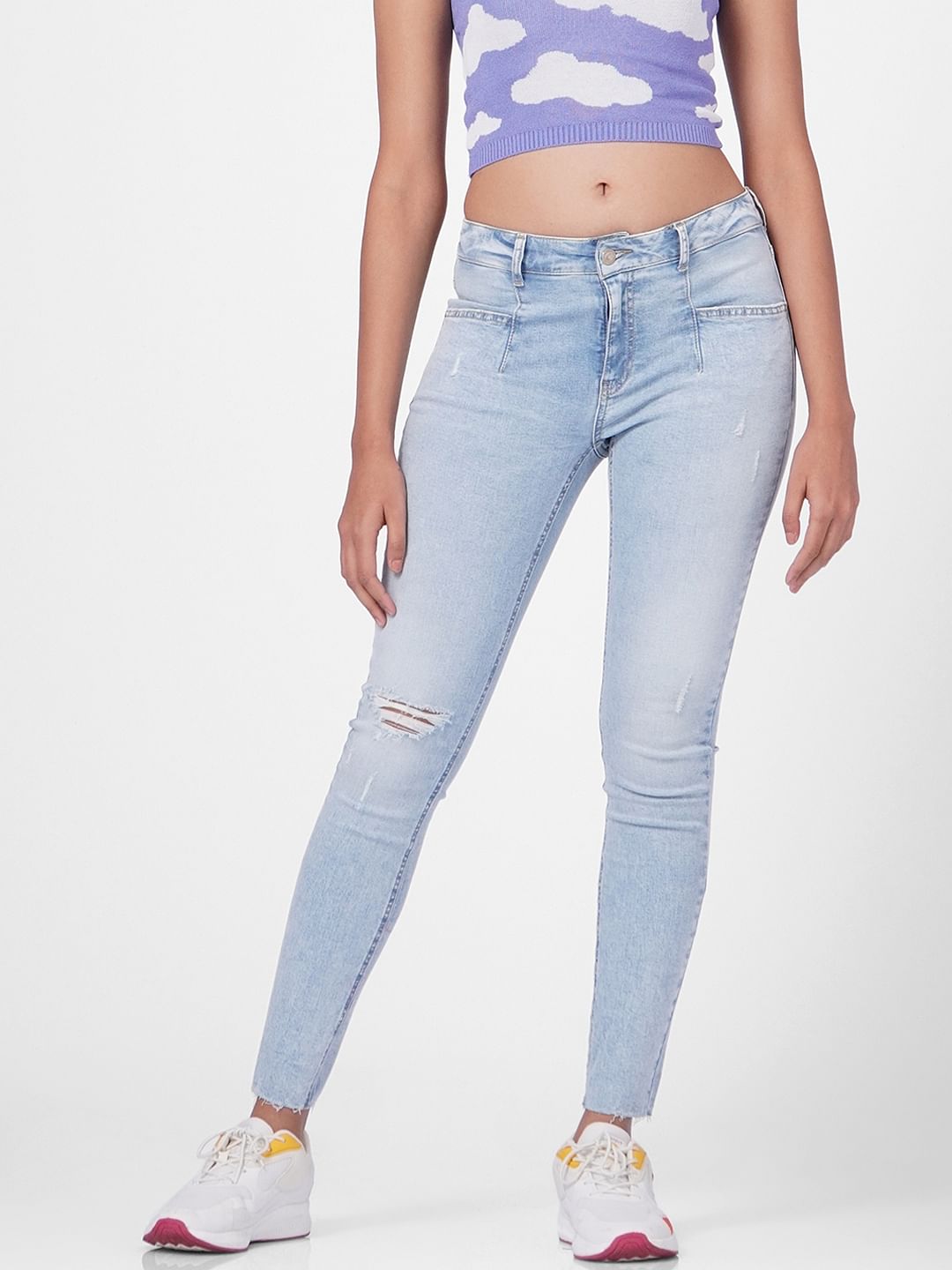 Blue Mid Rise Ripped Skinny Jeans
