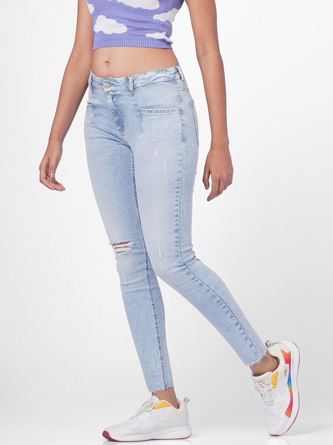 Blue Mid Rise Ripped Skinny Jeans