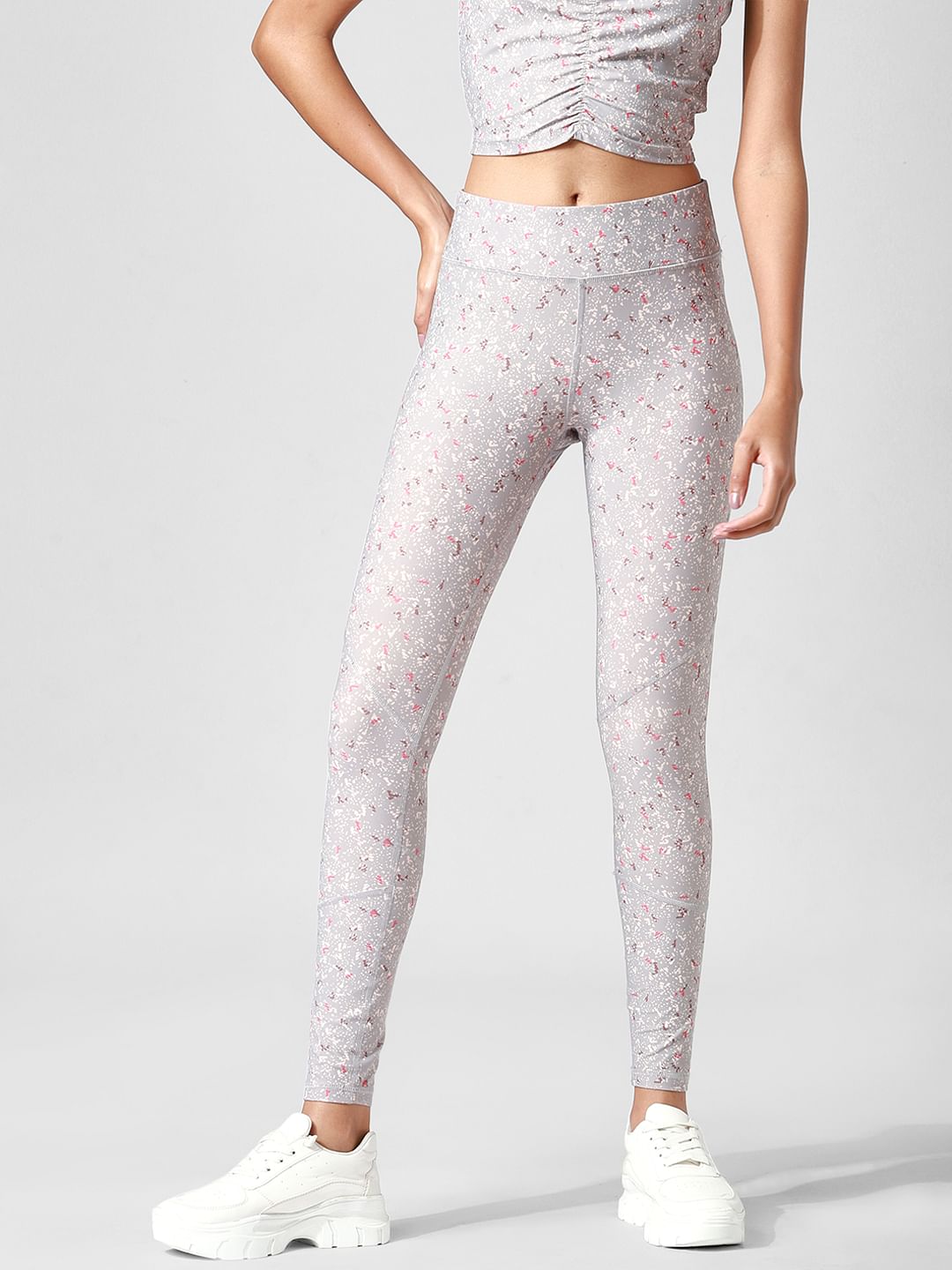 Grey High Rise Printed Co-Ord Training Tights